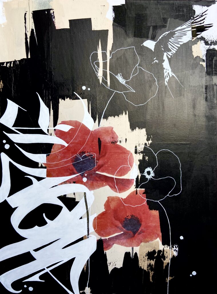 Mohnblume, Mixed Media Art, Vogel, Hope